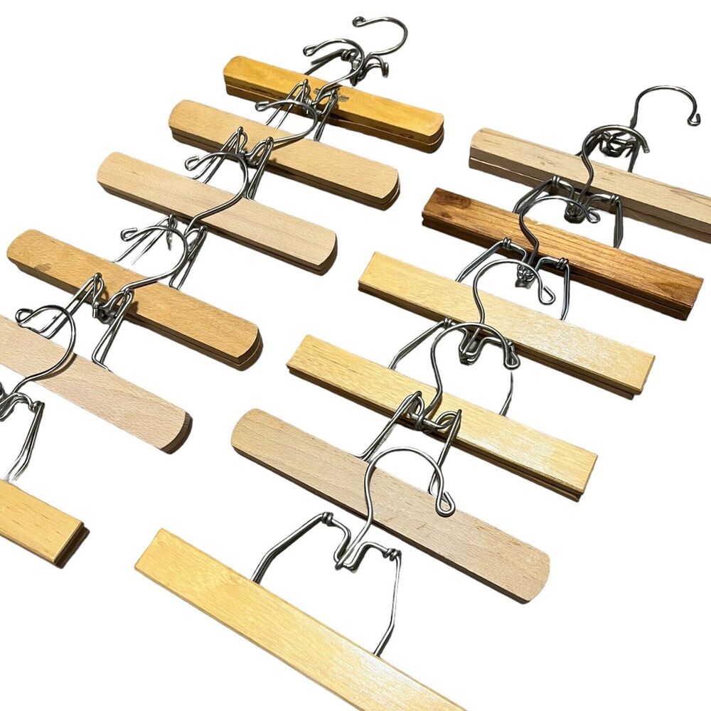 Mix Lot of 12 Vtg Light Blonde Wood Metal Clothes Hanger Pant Trousers‎ Clamp 9”
